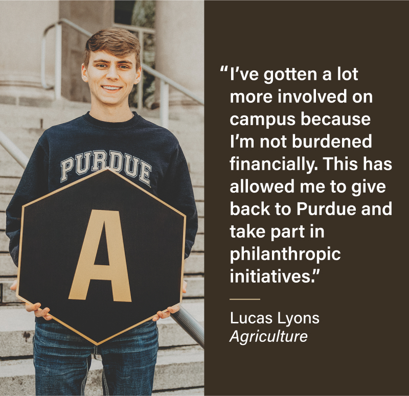 I've gotten a lot more involved on campus because I'm not burdened financially. This has allowed me to give back to Purdue and take part in philanthropic initiatives. Lucas Lyons Agriculture