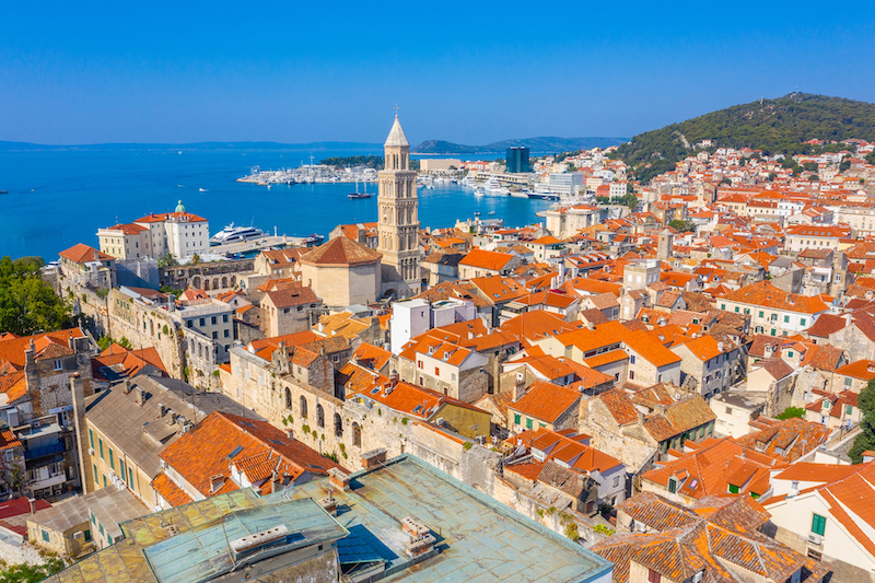 aerial view of old town of Split dominated by belltower of Saint Domnius cathedral, Croatia