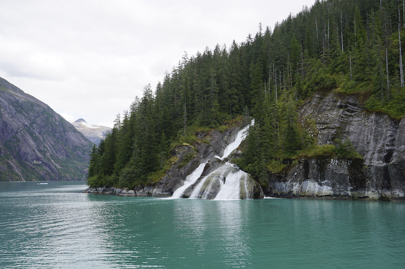 Southeast Alaska - view of a fjord with green water and steep rocky hills that are filled with trees. There''s a waterfall on one side of the rocky hills.