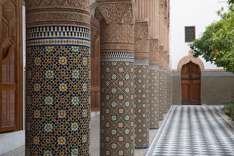 Detail of the ornate patio in Dar el Bacha in Marrakesh. This building hosts the Musee des Confluences.