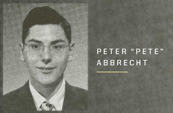 Picture of a young man with glasses and dark hair on left. On right text: "Peter 'Pete' Abbrecht"