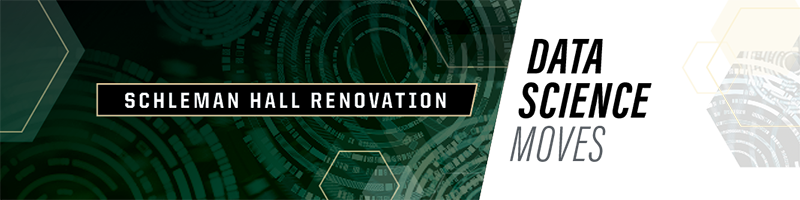Green background with transparent circles. Black box with white text. "Schleman Hall Renovation". 1/3 on right side: gray background. Text: "Data Science moves"