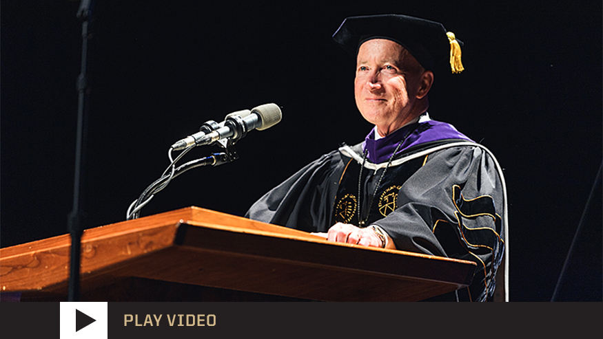 AN image showing President Daniels Speaking at the Spring 2022 Commencement