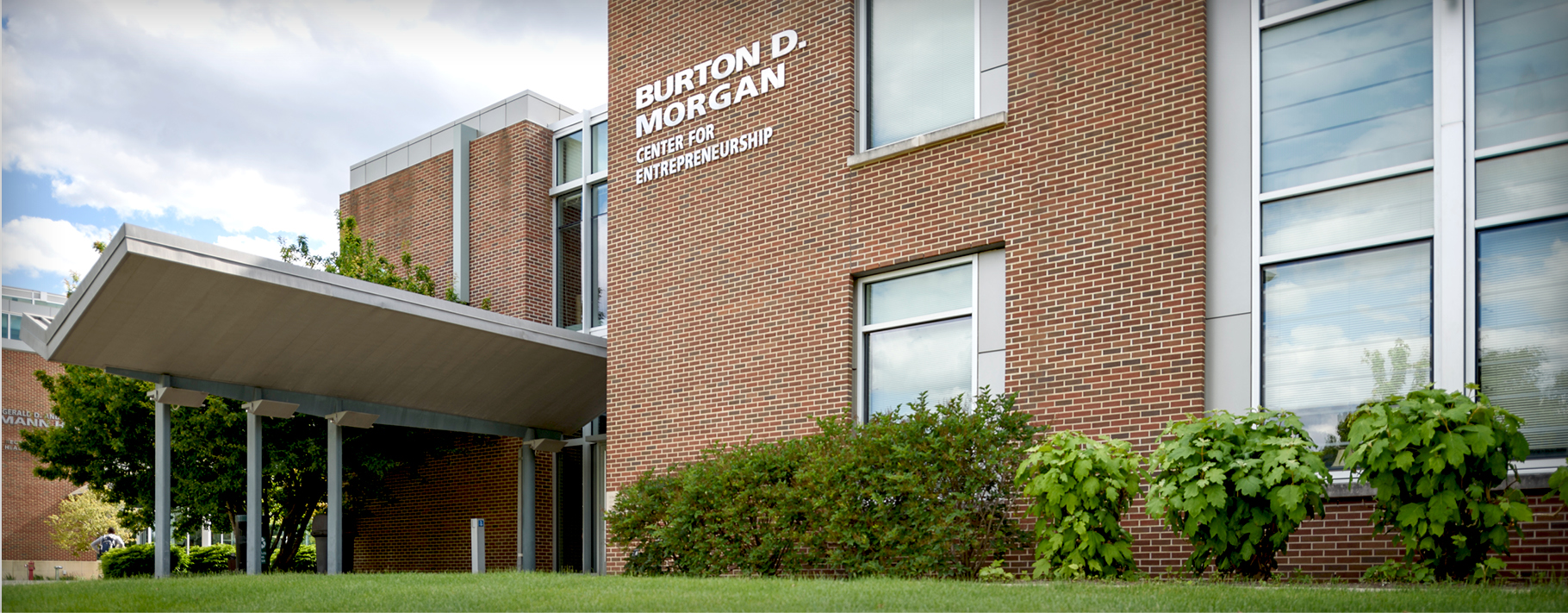 an image of Burton D. Morgan building and sign outside at Purdue University