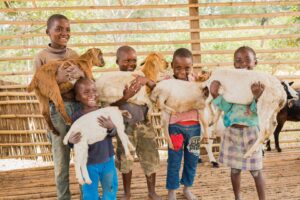 Family with goats