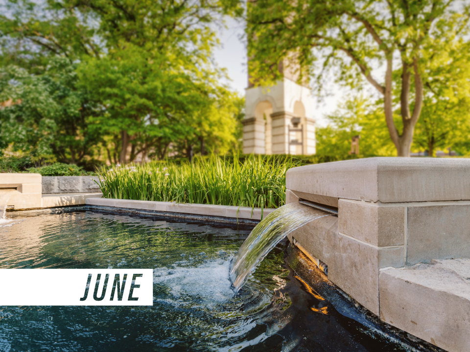 The image features an outdoor water fountain on Purdue's campus, with the text "June" included.