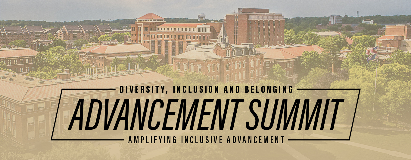 Title graphic for the 2023 Diversity, Inclusion, and Belonging Advancement Summit with a background of the Purdue University campus