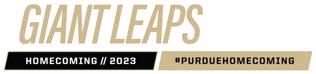 Text on graphic reads "Giant Leaps Home", Homecoming 2023, #PurdueHomecoming