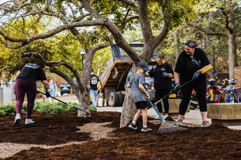 Volunteers spread 160 cubic yards of mulch during the spring 2025 Purdue Day of Service.