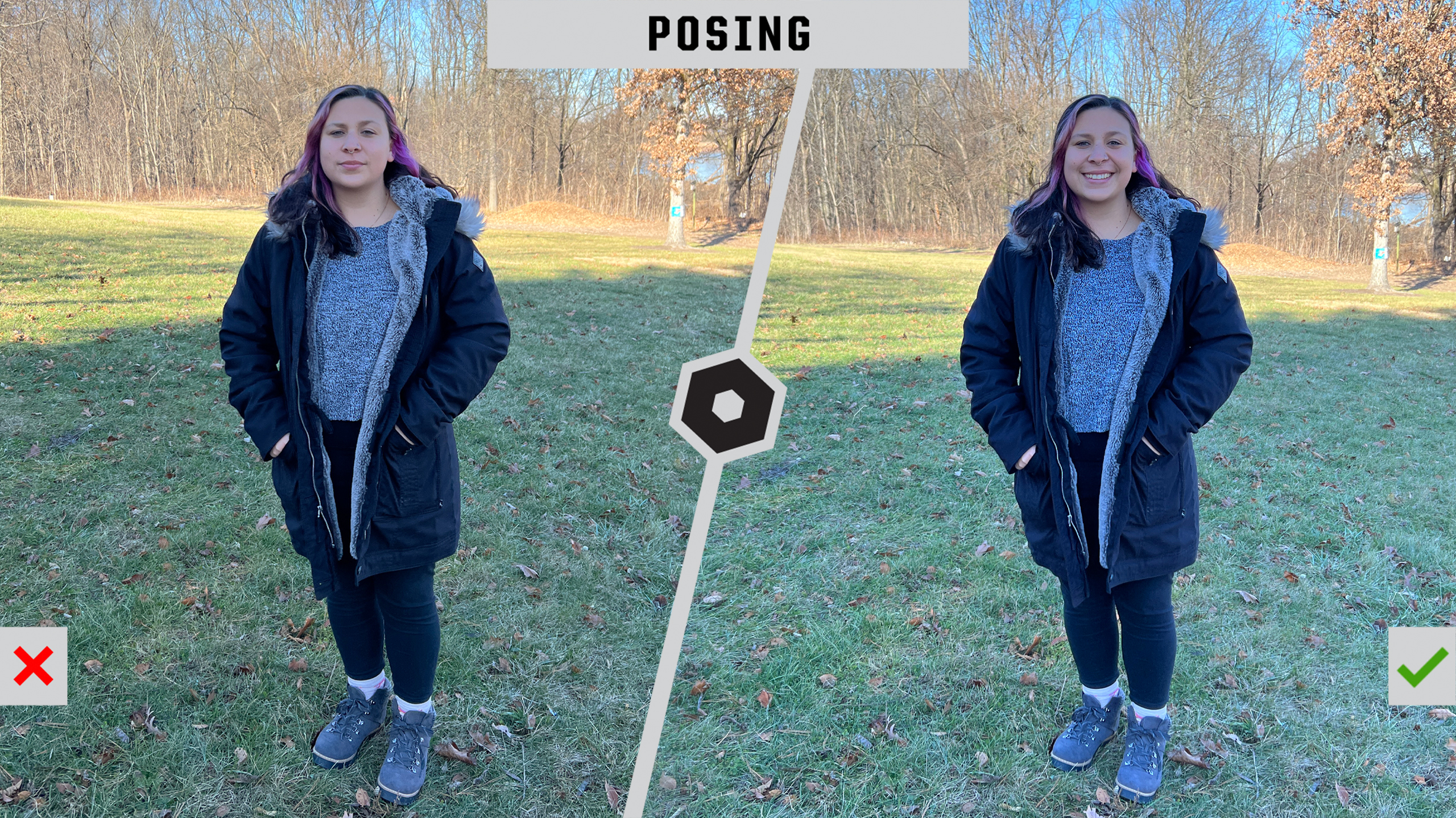 Split image showing the difference of posing