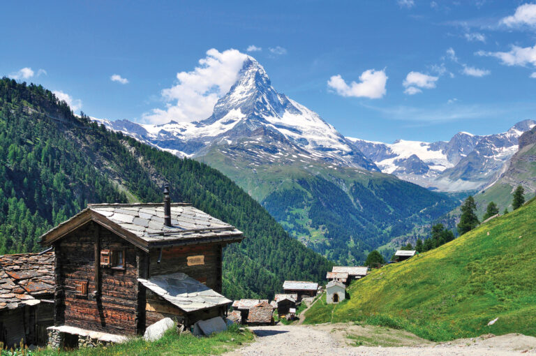 Mountain village Findeln in front of snowy Matterhorn, Zermatt, Canton of Valais, Switzerland.