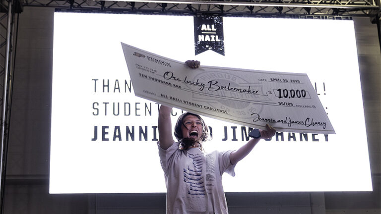 New this year, a gift from Jeannie (BS pharmacy ’61) and Jim Chaney allowed two students to each earn a $10,000 scholarship during the Purdue Day of Giving After Dark student event. Isabella Bartol (pictured), a sophomore nursing student from Austin, Texas, and Adeesh Mahesh Desai, a first-year master's student from India, were randomly selected as the recipients.