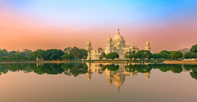 Landscape View of The Victoria Memorial , a large marble building in Central Kolkata. Selective Focus is used.