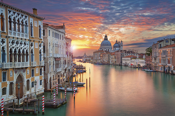 Grand Canal in Venice, with Santa Maria della Salute Basilica in the background.