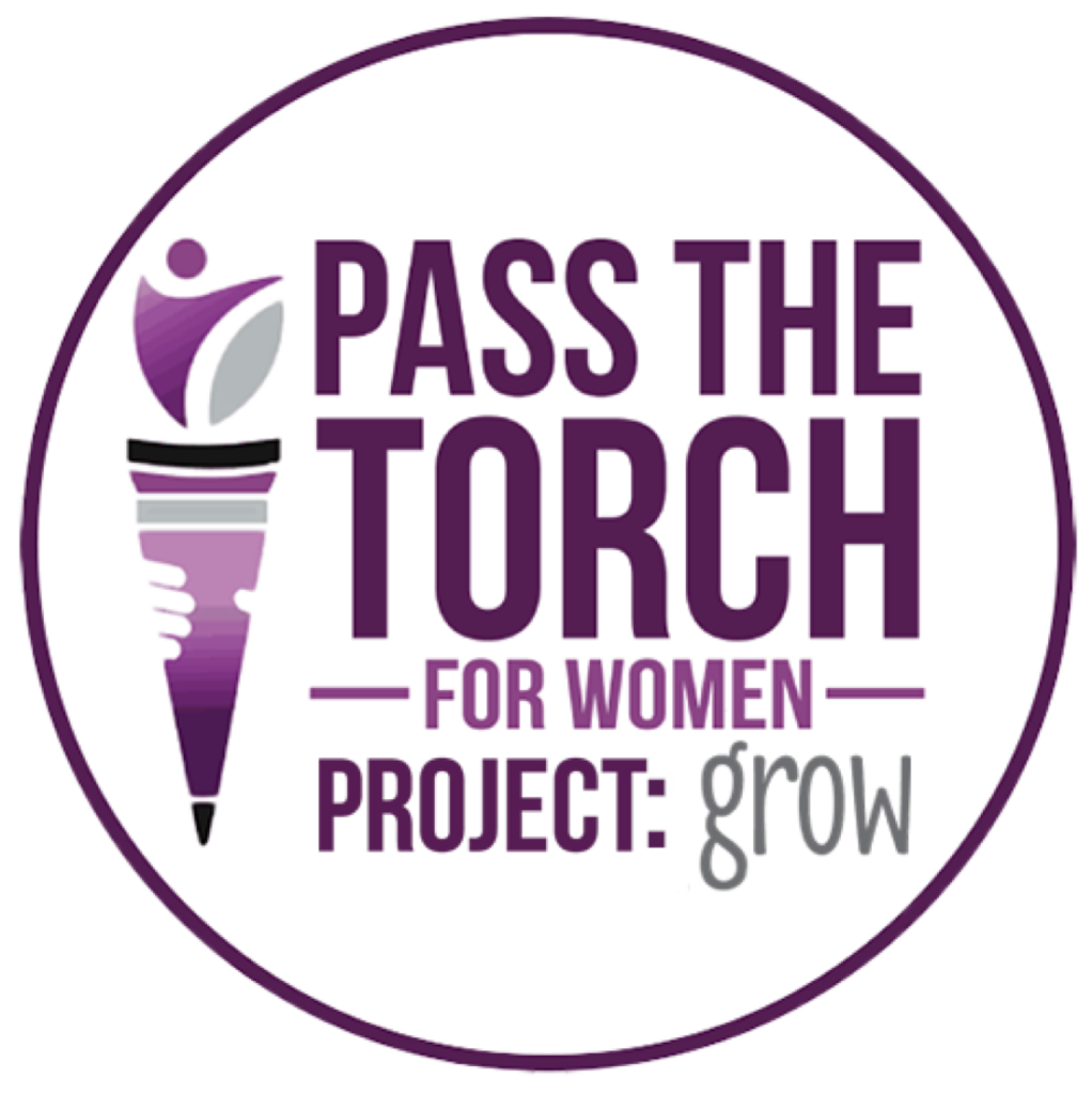 Circle logo with purple torch on left. Text on right: "Pass the torch for women; project; grow"