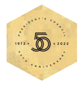 Logo with the numeral 50 and the text President’s Council 50th Anniversary, 1972-2022