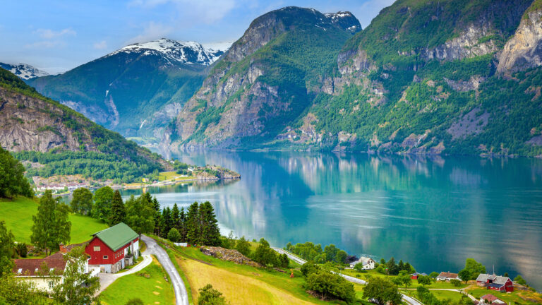 Norway countryside and farms in Aurlandsfjord branch of Sognefjord, Scandinavia