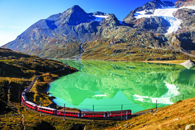 train in the scenic swiss alps around bernina and moteratsch gla