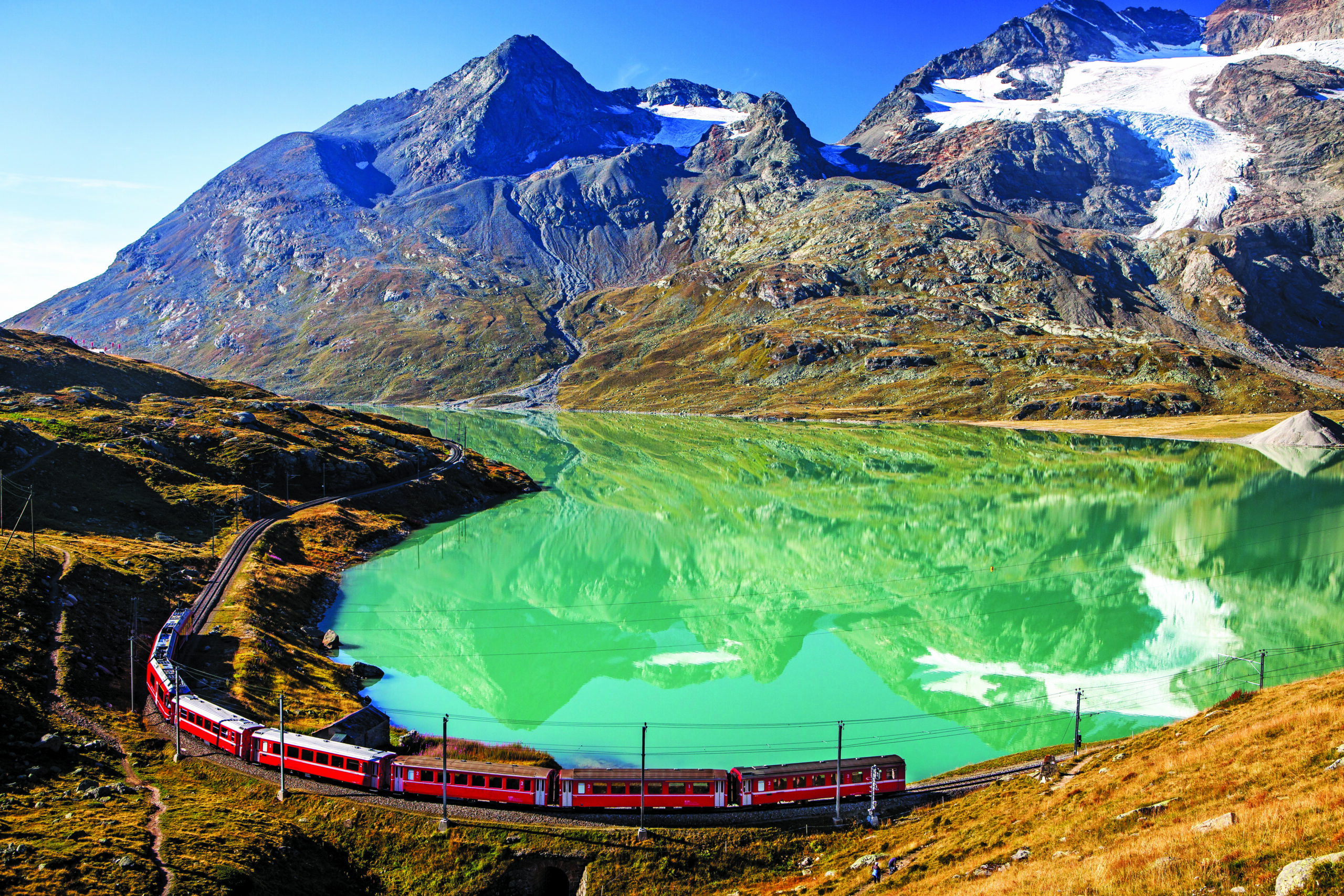 train in the scenic swiss alps around bernina and moteratsch gla