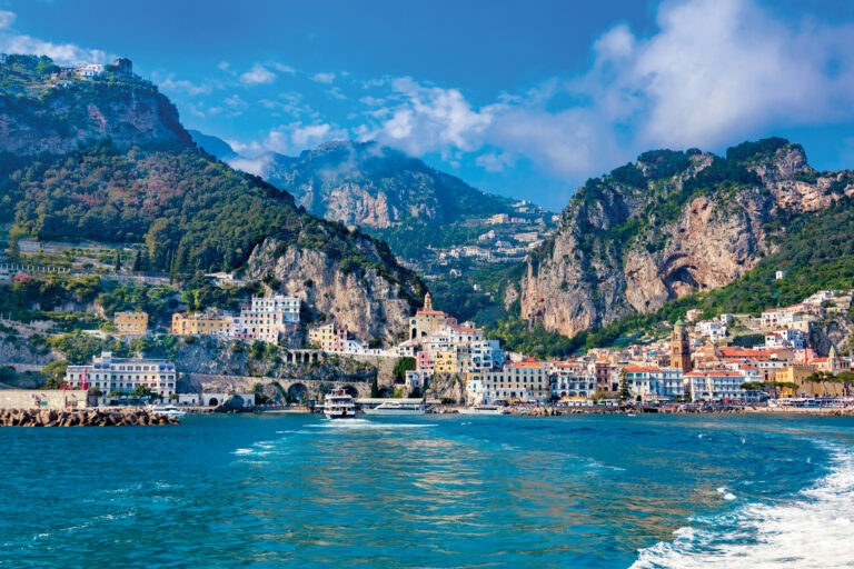 Sea front view of Amalfi town at Amalfi coast, Italy.