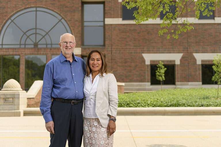 Max W and Maileen Brown, shown here on Purdue’s campus, have made another significant contribution to the university. (Purdue University photo/Rebecca McElhoe)