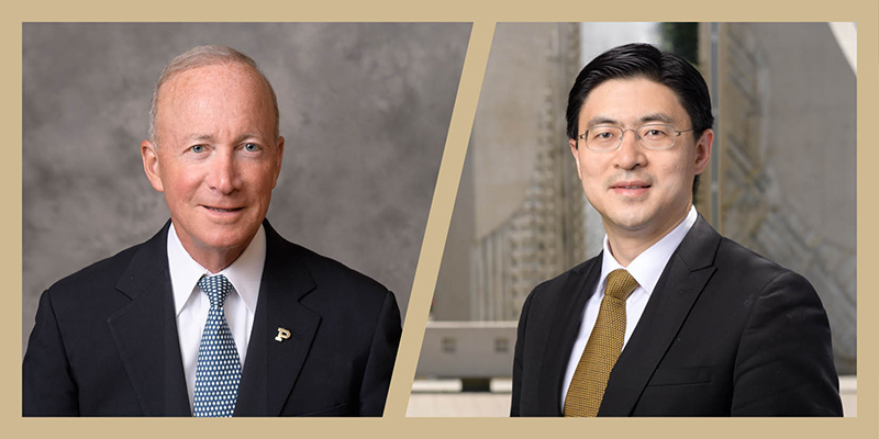 An image of new Purdue University President Mung Chiang and Mitch Daniels