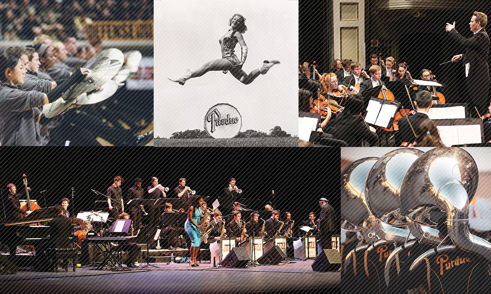 photo collage of purdue bands and orchestra performances