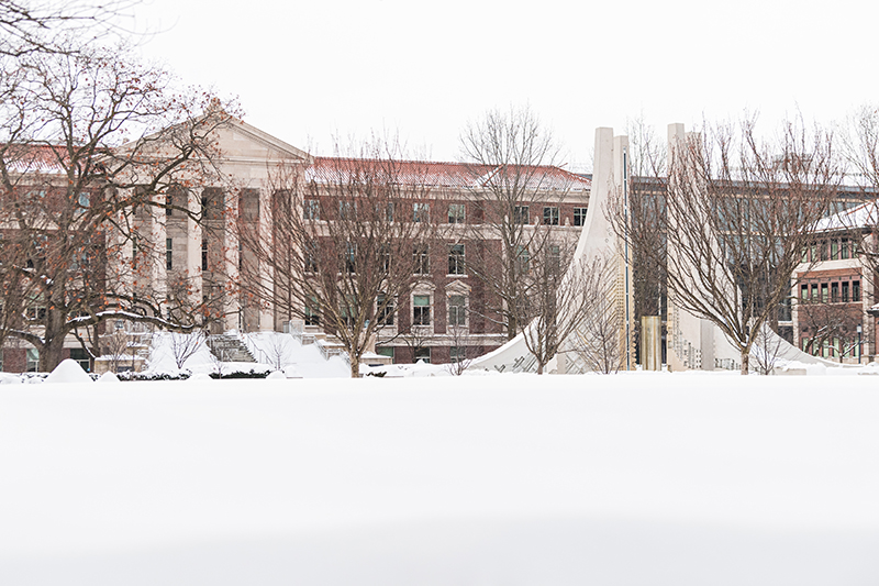 Engineering fountain and Hovde Hall on a winter day