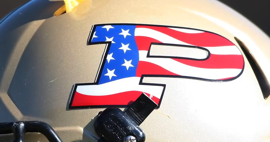 Purdue University's Football Helmet with an American Flag Purdue P