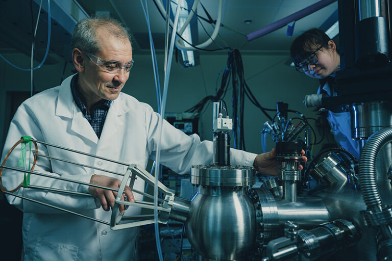 Senior research scientist Dmitry Zemlynov works with a student at Birck Nanotechnology Center. Birck Nanotechnology Center is the hub for Purdue University’s cutting-edge research, including the latest work in semiconductors and microelectronics. (Purdue University photo/Charles Jischke)