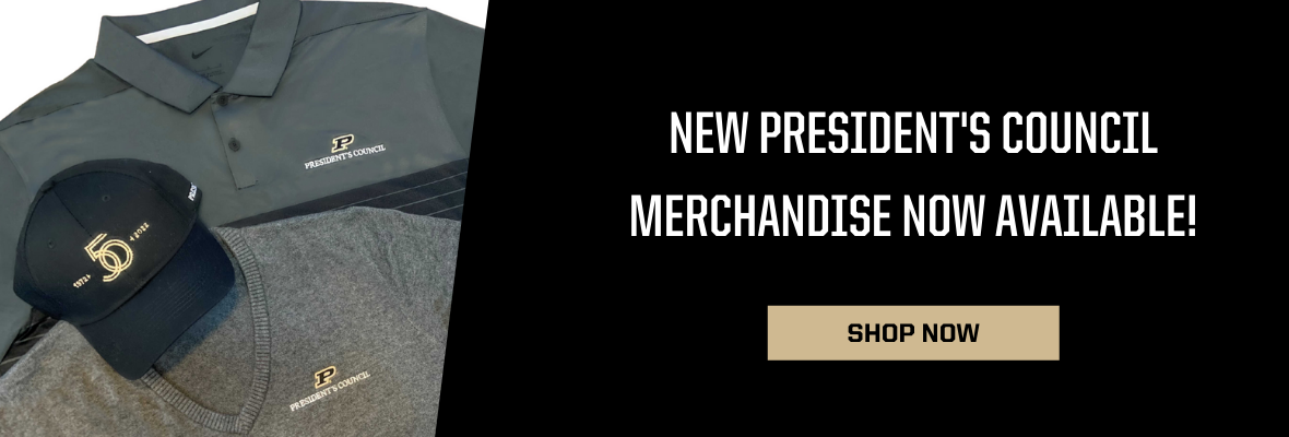 Image split. On left, two shirts and a hat showing the President's Council logo. On the right, text copy: 'New President's Council Merchandise Now Available. Shop Now'