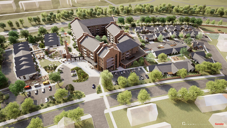The image shows a new wellness-infused residential development in the Discovery Park District. This rendering is subject to change. (Rendering provided.)